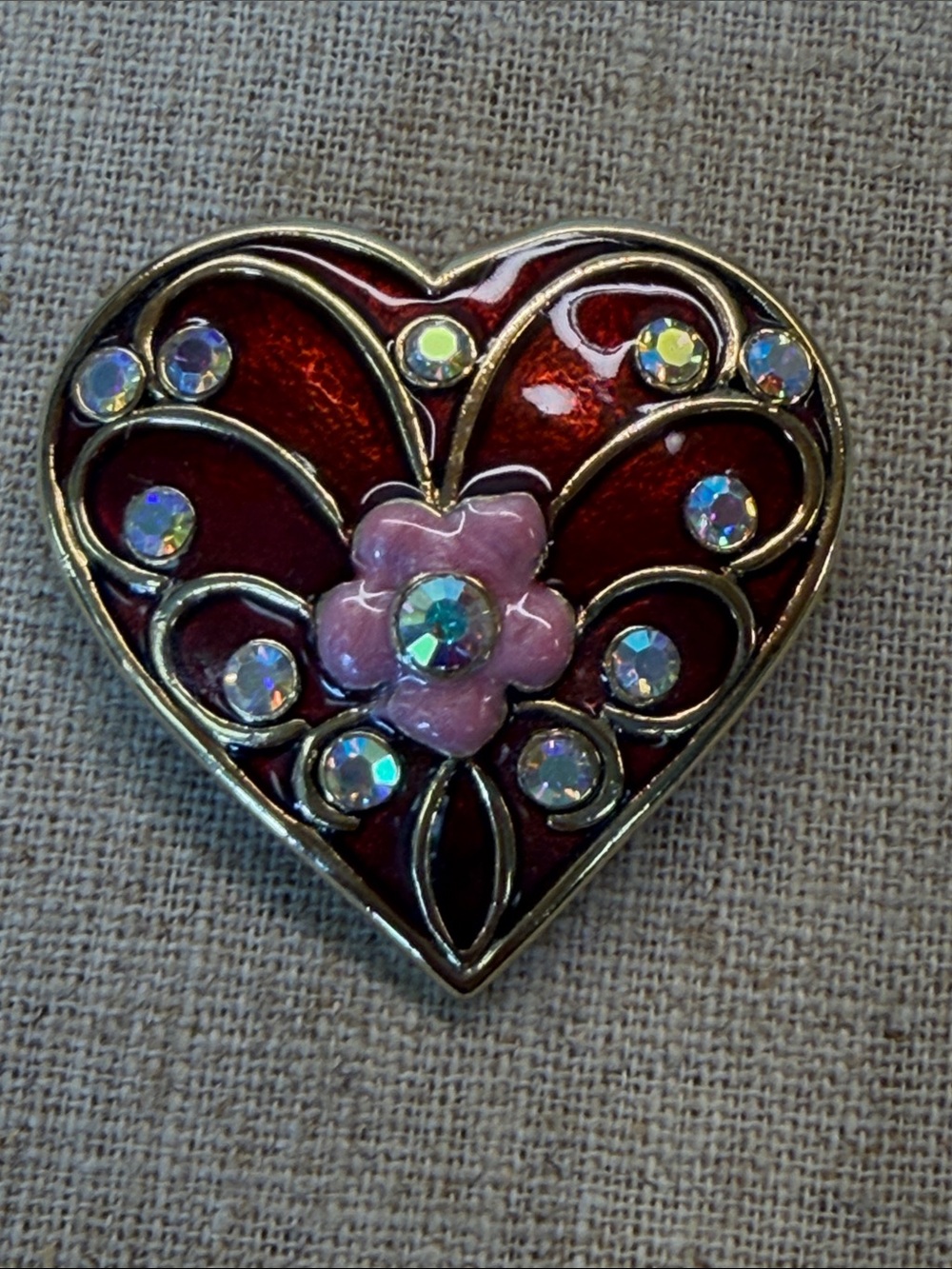 Vintage Heart-Shaped Red and Pink Crystal Brooch